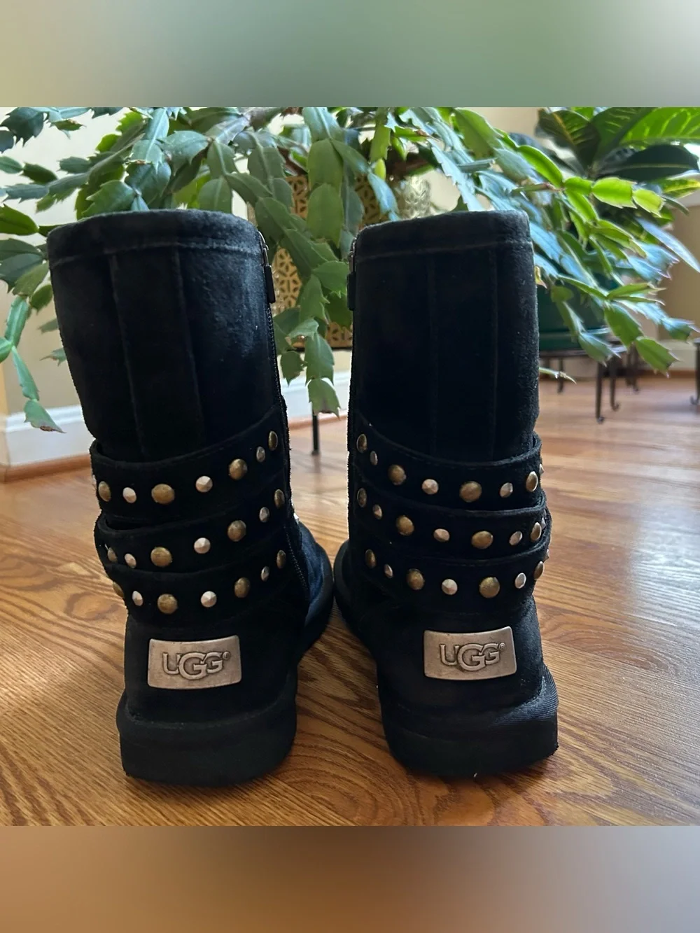 UGG black suede, shearling fur, studded, mid-calf boots